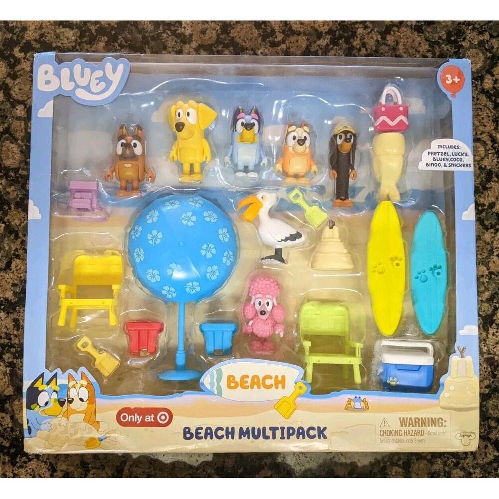 New Bluey Beach Multipack Playset Figure Pretzel, Lucky, Coco, Snickers Play Set